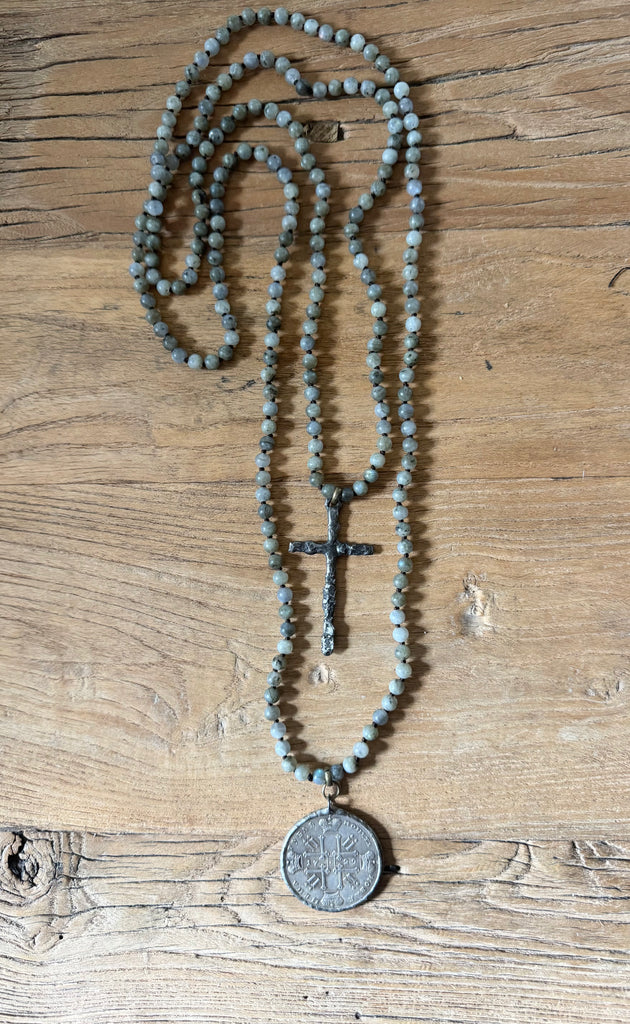 Old World Labradorite Coin/Cross Wrap Necklace