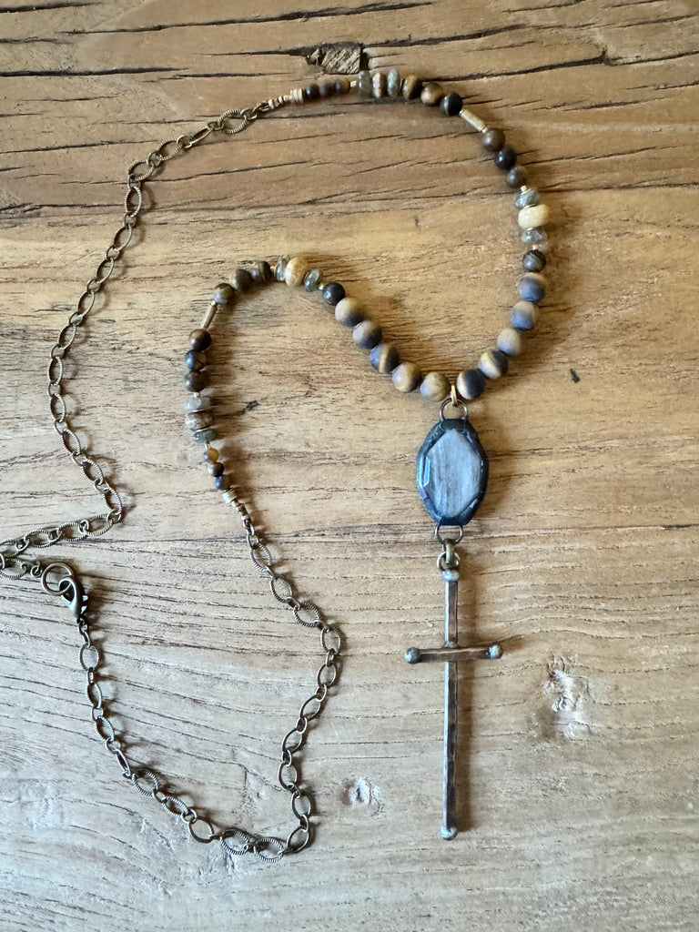 Tiger’s Eye & Labradorite Artisan Cross Necklace