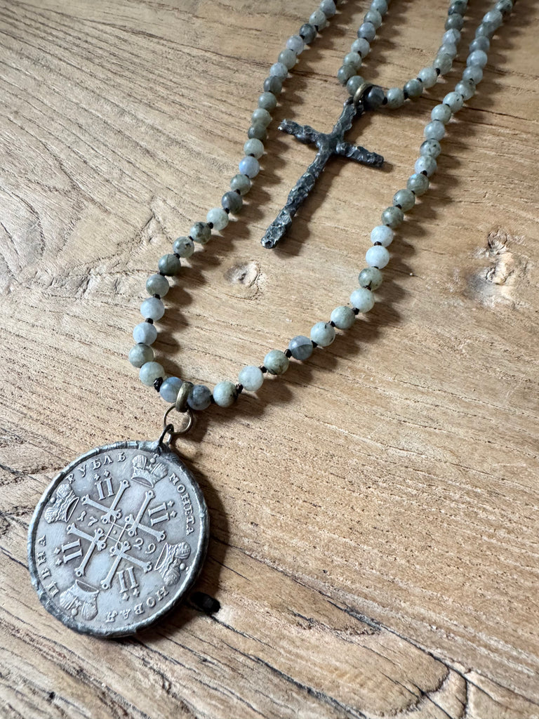 Old World Labradorite Coin/Cross Wrap Necklace