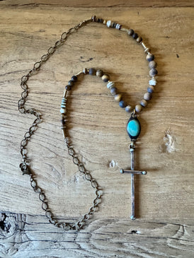 Tiger’s Eye & Turquoise Artisan Cross Necklace