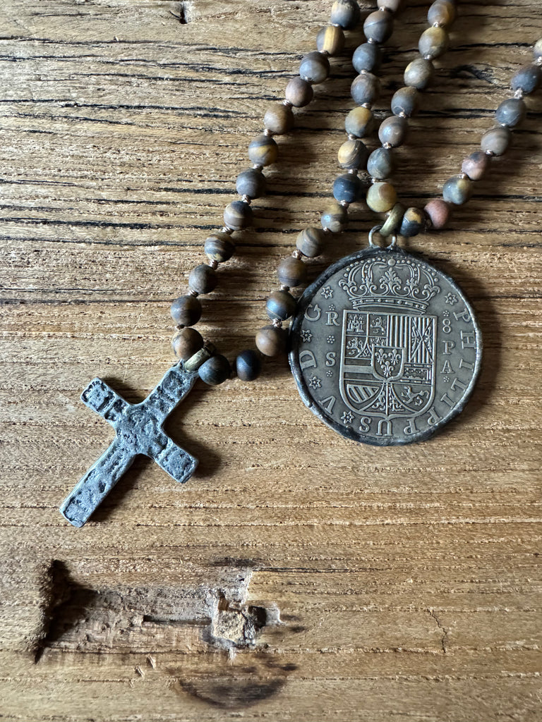 Old World Coin & Cross Wrap Necklace