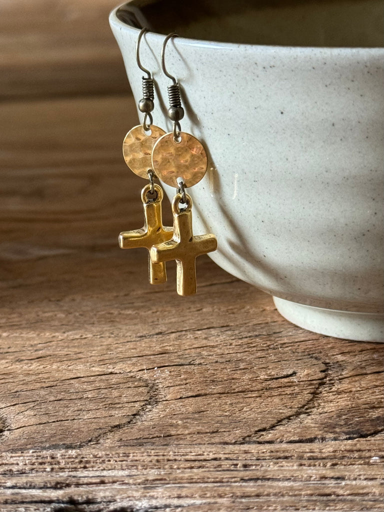 Gold Cross Drop Earring